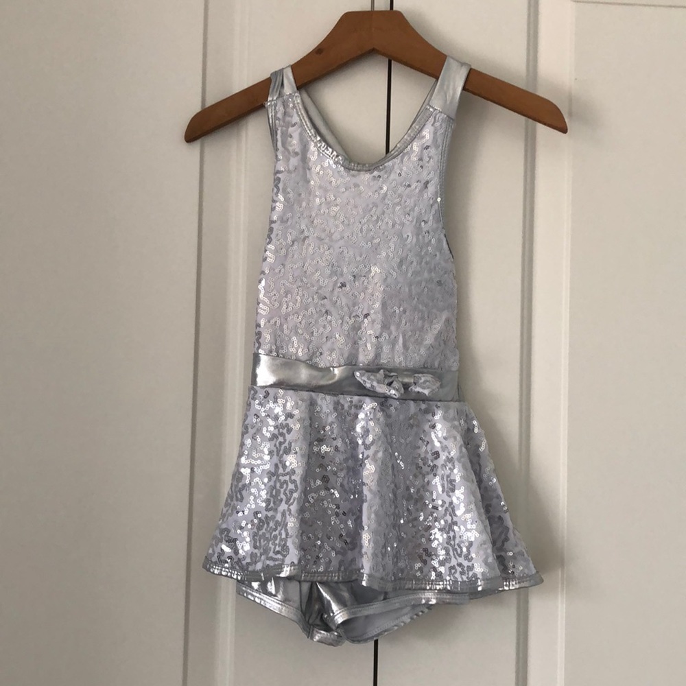Silver sequined Jazz Tap Dance leotard costume skirt with shorts